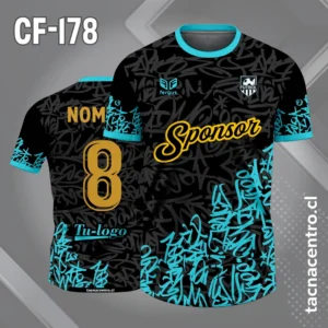 Camiseta de Fútbol Negro con Patrones Turquesa y Gris