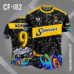 Camiseta de Fútbol negro con Franja amarilla Cruzada en el Pecho