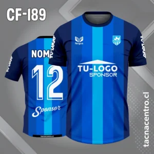 Camiseta de Fútbol con Franjas Azules y Centro Celeste personalizadas con nombres, números y logotipos, con una cantidad ilimitada de patrocinadores.