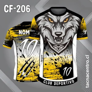 Camiseta de Fútbol Blanco Negro Amarillo con Cabeza de Lobo