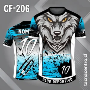 Camiseta de Fútbol Blanco Negro celeste con Cabeza de Lobo