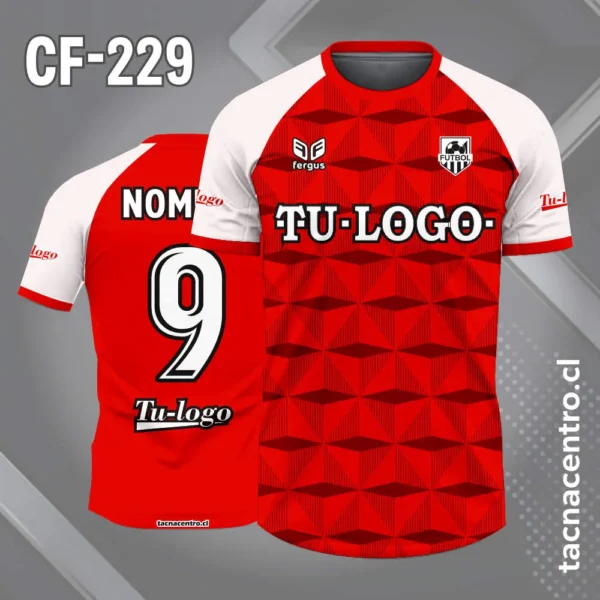 Camiseta de Fútbol Rojo con Patrones Geometricos y Mangas Blancas 1 Camiseta de Fútbol Rojo con Patrones Geometricos y Mangas Blancas