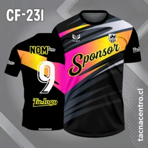 Camiseta de Fútbol Negro con Patrones Cromados fucsia y naranja