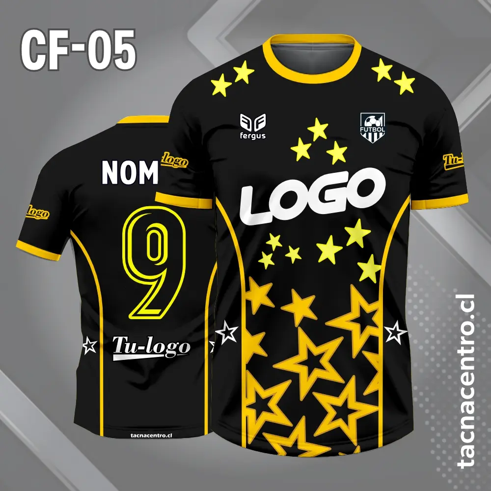 Camiseta de futbol negra con patrones de estrellas amarillas