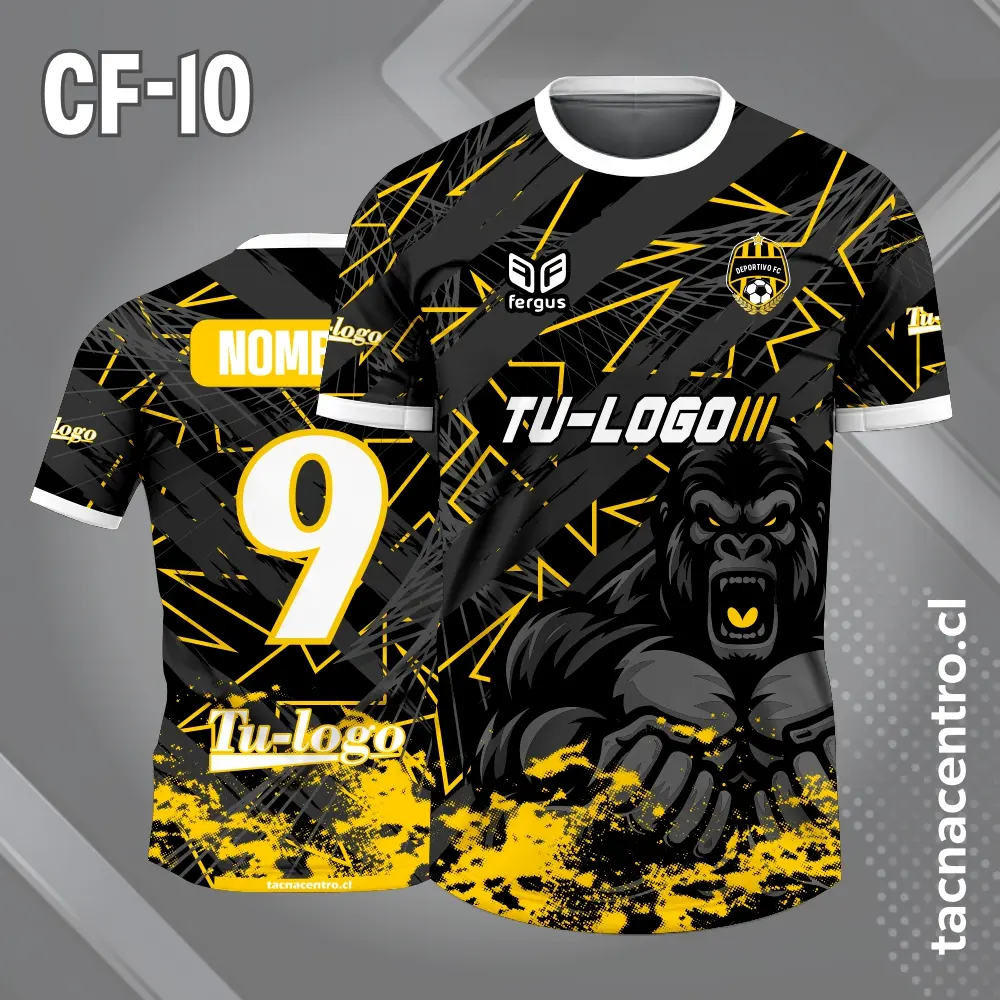 Camiseta de futbol gorila fondo negro y lineas amarillas