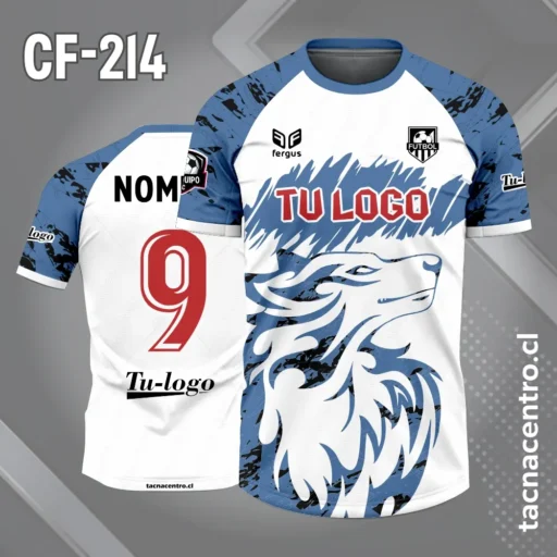 Camiseta de Fútbol Blanca Azul Negro con Diseño de Lobo