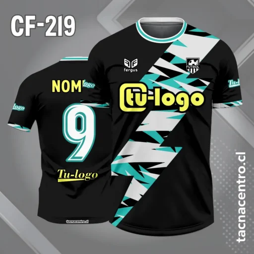 Camiseta de Fútbol Negra Diseño de Rayo Diagonal Blanco Turquesa