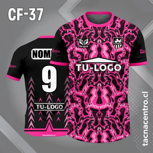 Camiseta de futbol negro con lineas psicodelicas rosadas