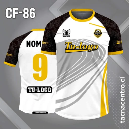 Camiseta de futbol blanco y amarillo con mangas ranglan negros