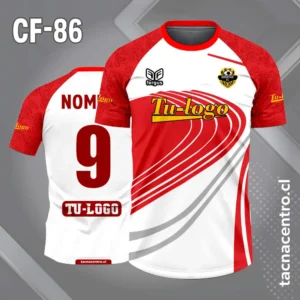 Camiseta de futbol blanco y rojo con mangas ranglan rojas