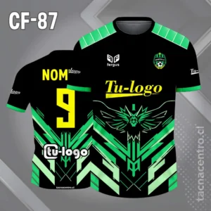 Camiseta de futbol negra con ave volando hombros de color verde