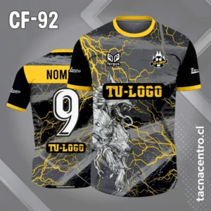 camiseta de futbol perros encadenados fondo negro con rajaduras amarillas