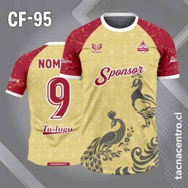 Camiseta de futbol pavo real amarillo negro 3 Camiseta de futbol pavo real fondo beige con mangas ranglan guinda