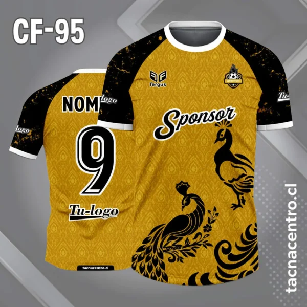 Camiseta de futbol pavo real amarillo negro 2 Camiseta de futbol pavo real fondo dorado con mangas ranglan negras