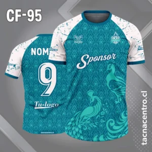 Camiseta de futbol pavo real fondo turquesa con mangas ranglan blancas