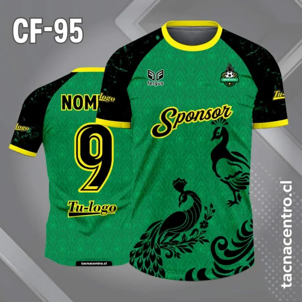 Camiseta de futbol pavo real amarillo negro 5 Camiseta de futbol pavo real fondo verde con mangas ranglan negras