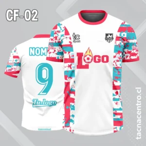 Camiseta de futbol blanco con laterales de colores abstractos rosado y celeste