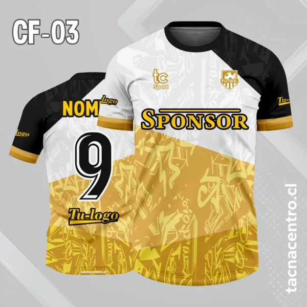 Camiseta de futbol blanco celeste azul con mangas negras 2 Camiseta de futbol blanco dorado con mangas negras