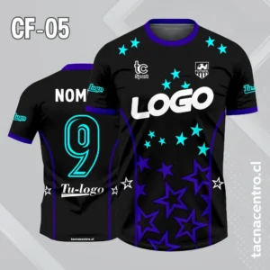 Camiseta de futbol negra con patrones de estrellas azules