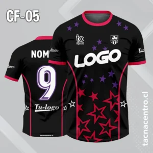 Camiseta de futbol negra con patrones de estrellas rojas