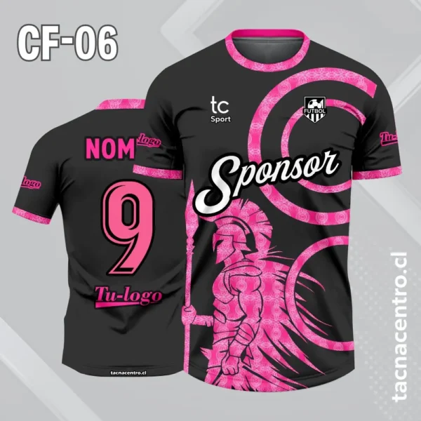 Camiseta de futbol negra con soldado espartano celeste 2 Camiseta de futbol negra con soldado espartano rosado