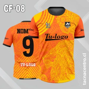 Camiseta de futbol color naranja con cabeza de leon color amarillo