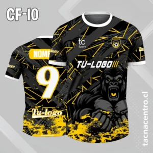 Camiseta de futbol gorila fondo negro y lineas amarillas