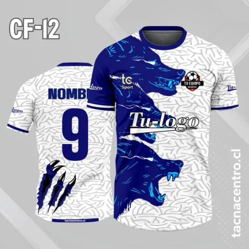 Camiseta de futbol blanco con lobos de color azul