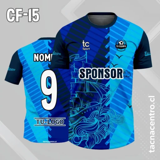 Camiseta de futbol color azul con barco en lineas