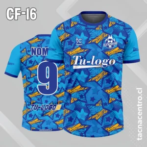 Camiseta de futbol celeste oscuro con patron de estrellas amarillas y celestes