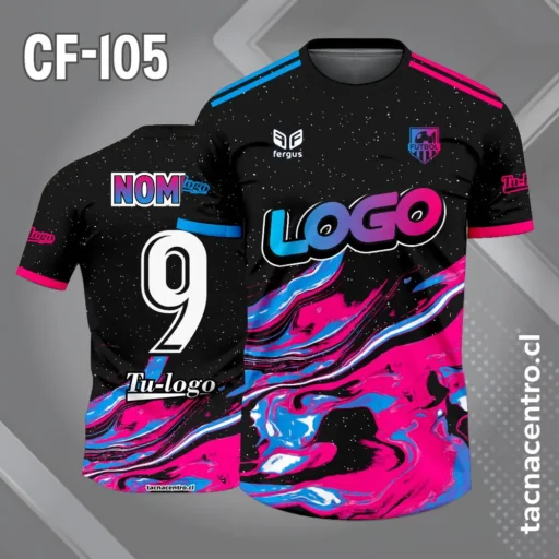 Camiseta de futbol espacio negro rosado y celeste