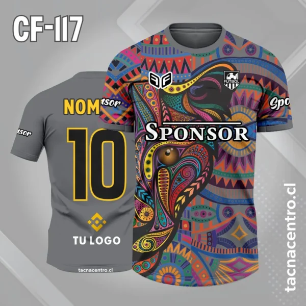 Camiseta de futbol gris con patrones de colores