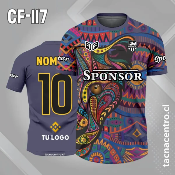 Camiseta de futbol morado con patrones de colores