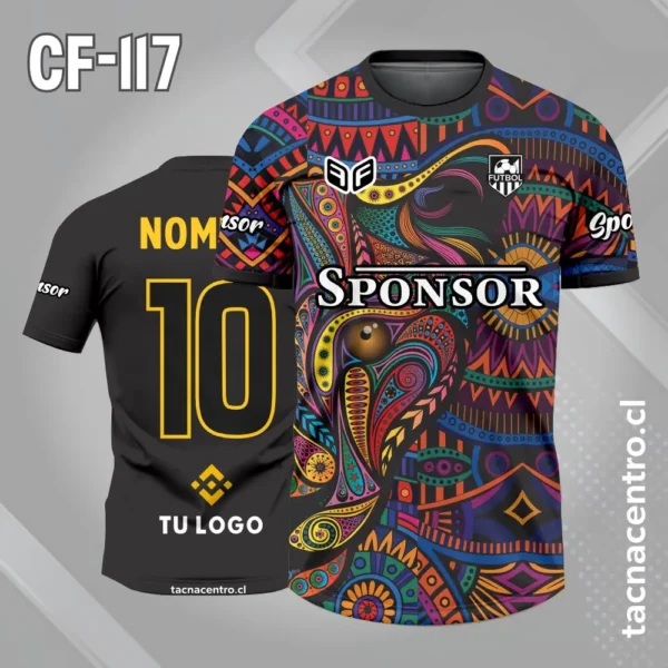 Camiseta de futbol negro con patrones de colores