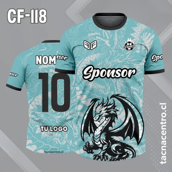 Camiseta de Futbol Dragon Negro y Dorado 3 Camiseta de futbol dragon dorado con fondo turquesa