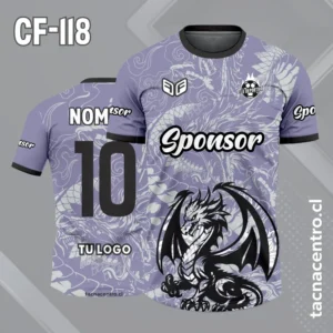 Camiseta de futbol dragon dorado con fondo lila