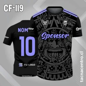Camiseta de futbol azteca negro con lineas lilas