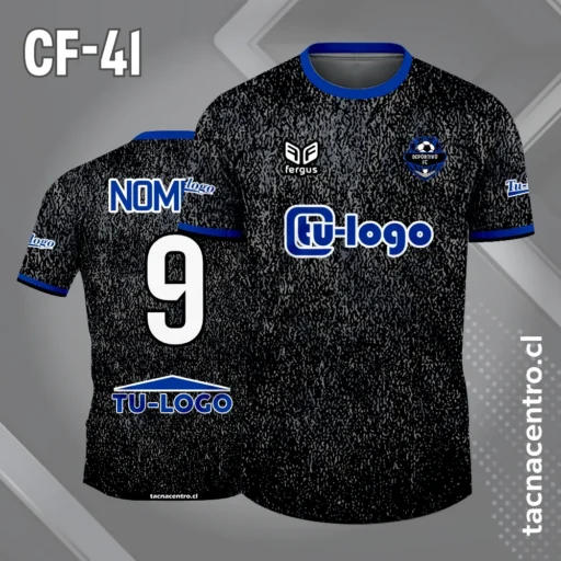 Camiseta de futbol negra con puntos grises mangas azules