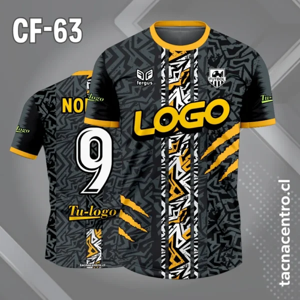 Camiseta de futbol gris y franja central con formas abstractas blanco y amarillo 1 Camiseta de futbol gris y franja central con formas abstractas blanco y amarillo