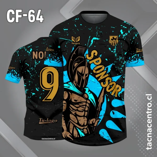Camiseta de futbol espartano 300 fondo negro y salpicaduras celeste