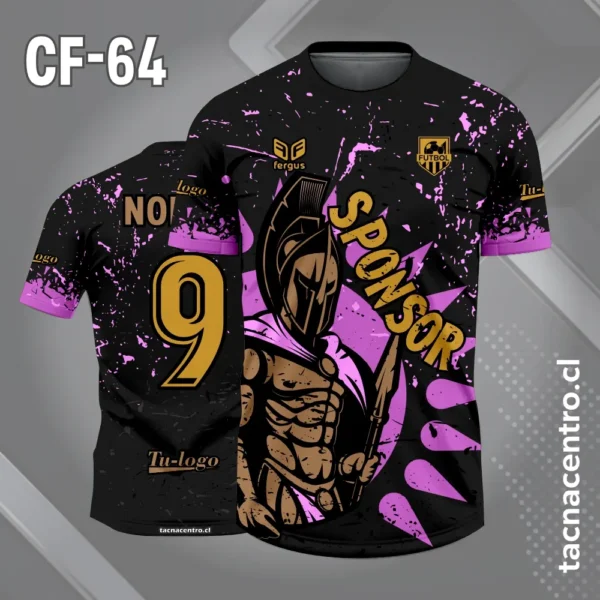 Camiseta de futbol espartano 300 fondo negro y salpicaduras lilas