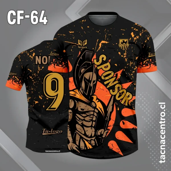 Camiseta de futbol espartano 300 fondo negro y salpicaduras anaranjado
