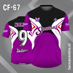Camiseta de futbol negro morado blanco con lineas rojas en el pecho