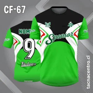 Camiseta de futbol negro verde blanco con lineas rojas en el pecho