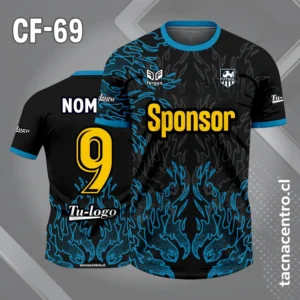 Camisetas de Fútbol Personalizadas: Diseño Gratis 5 Camiseta de futbol negro y celeste con siluetas de fuego