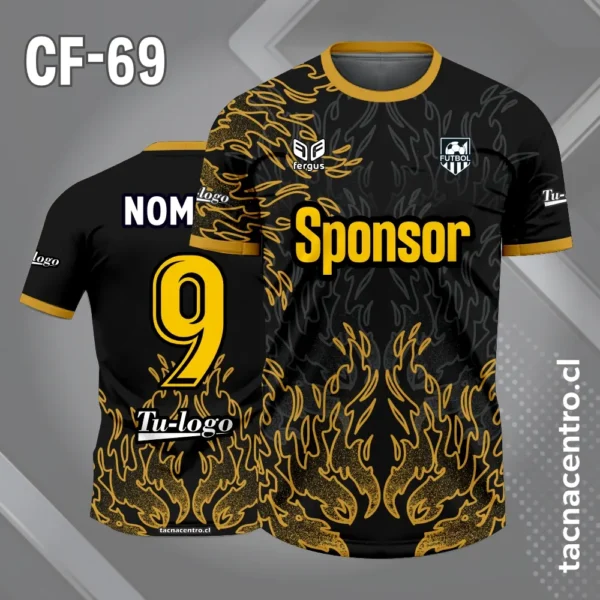 Camiseta de futbol negro y celeste con siluetas de fuego 2 Camiseta de futbol negro y amarillo con siluetas de fuego