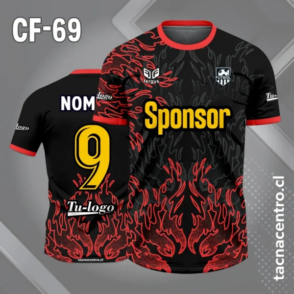 Camiseta de futbol negro y celeste con siluetas de fuego 4 Camiseta de futbol negro y rojo con siluetas de fuego