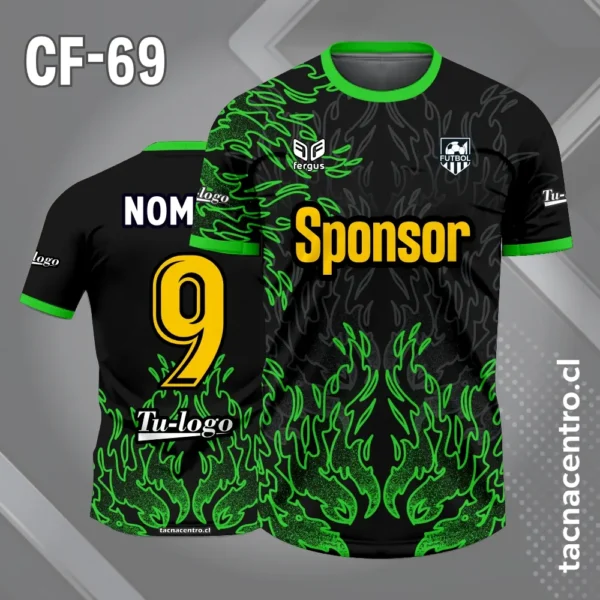 Camiseta de futbol negro y celeste con siluetas de fuego 5 Camiseta de futbol negro y verde con siluetas de fuego