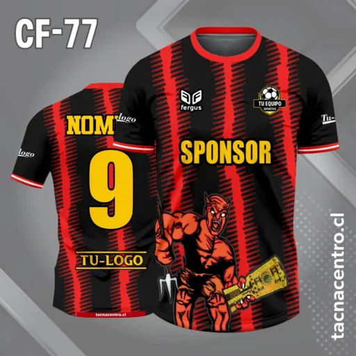 Camiseta de futbol diablo franjas rojas y fondo negro