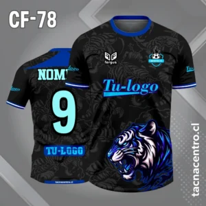 Camiseta de futbol tigre con fondo negro patrones grises azul